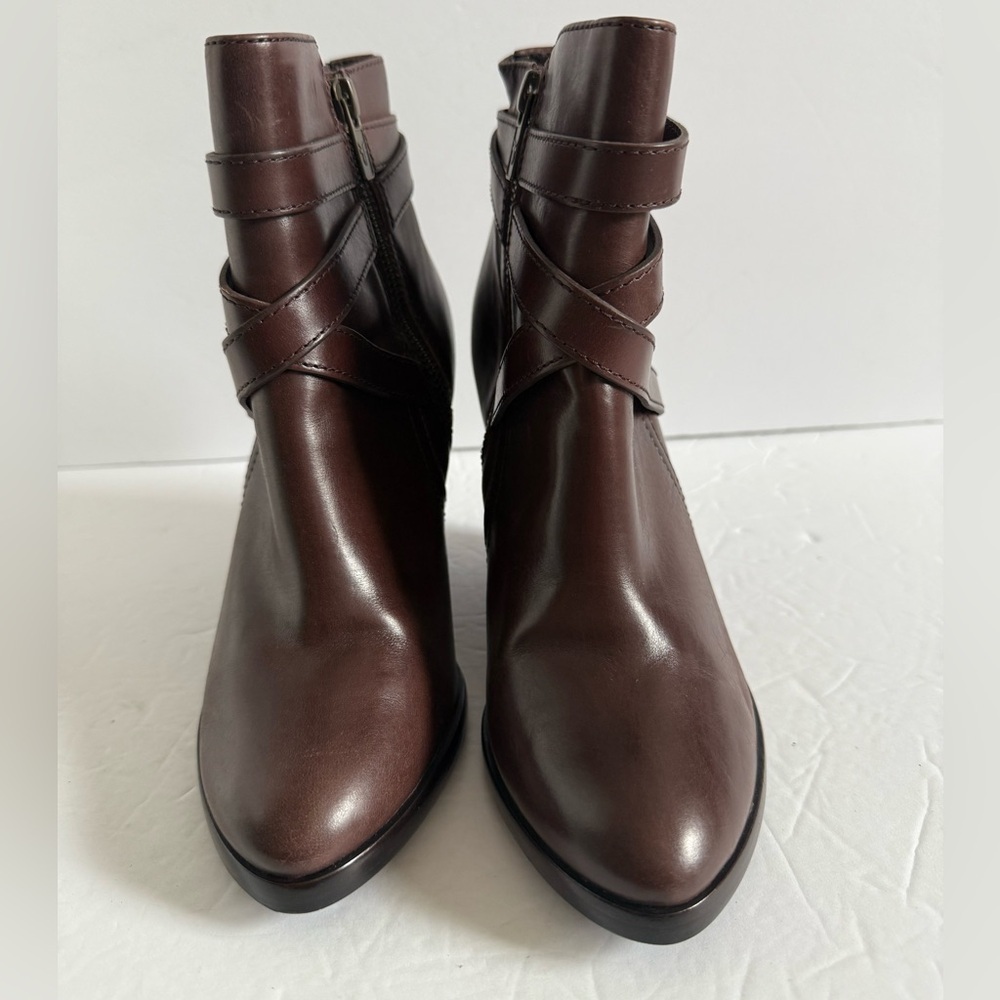 Frye Brown Wedge Heel Ankle Leather Booties Boots Gold Buckle Women Size 6.5